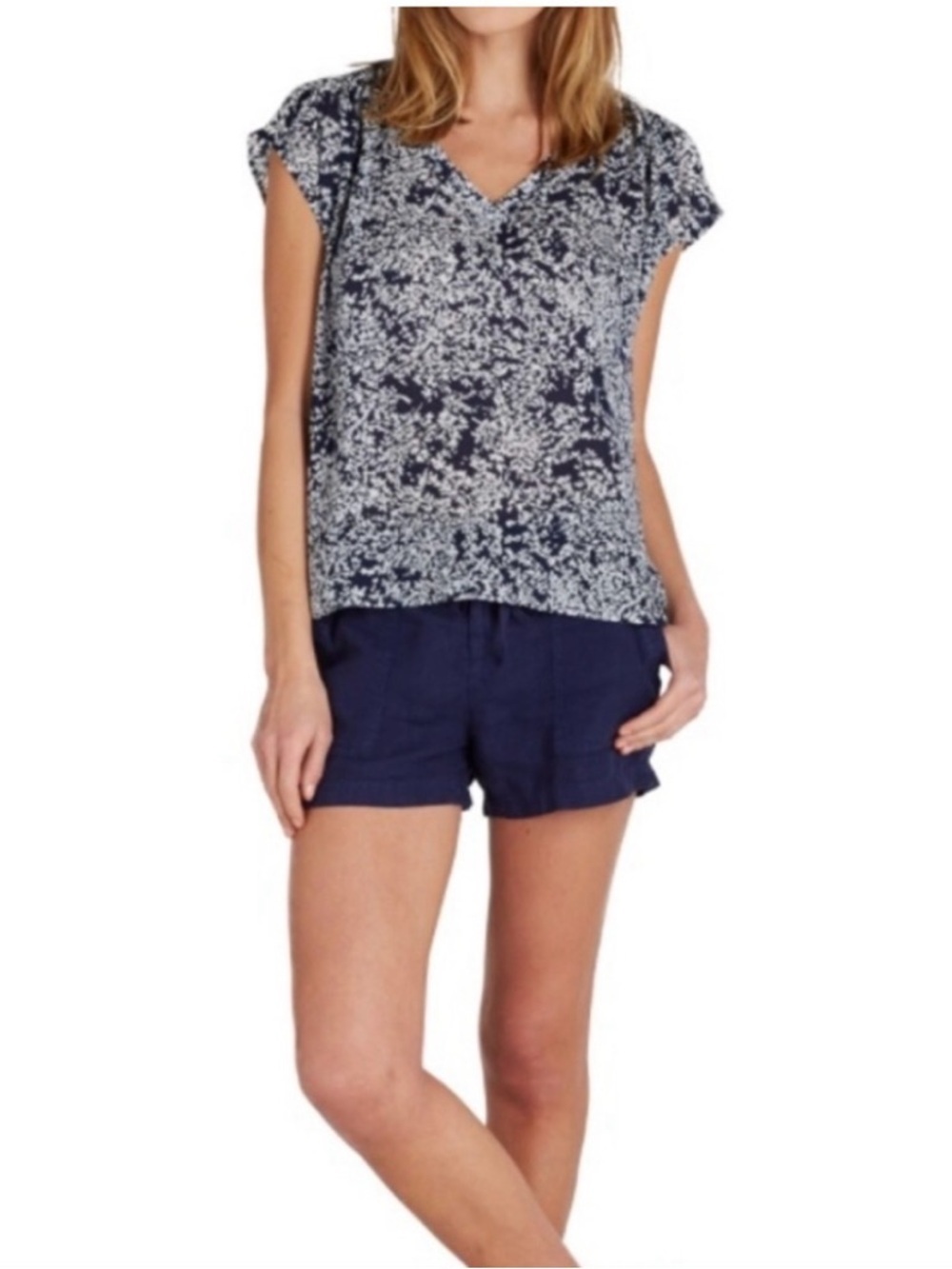 Joie Suela 100% Silk Navy/White Print Cap Sleeve Size S Lightweight Blouse - Picture 2 of 12